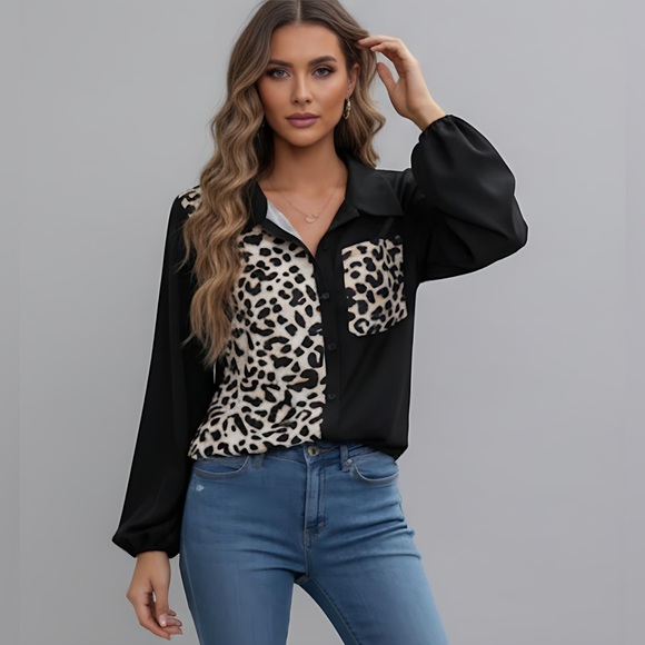 Black Leopard Print Lantern Sleeve Blouse - Picture 3 of 9
